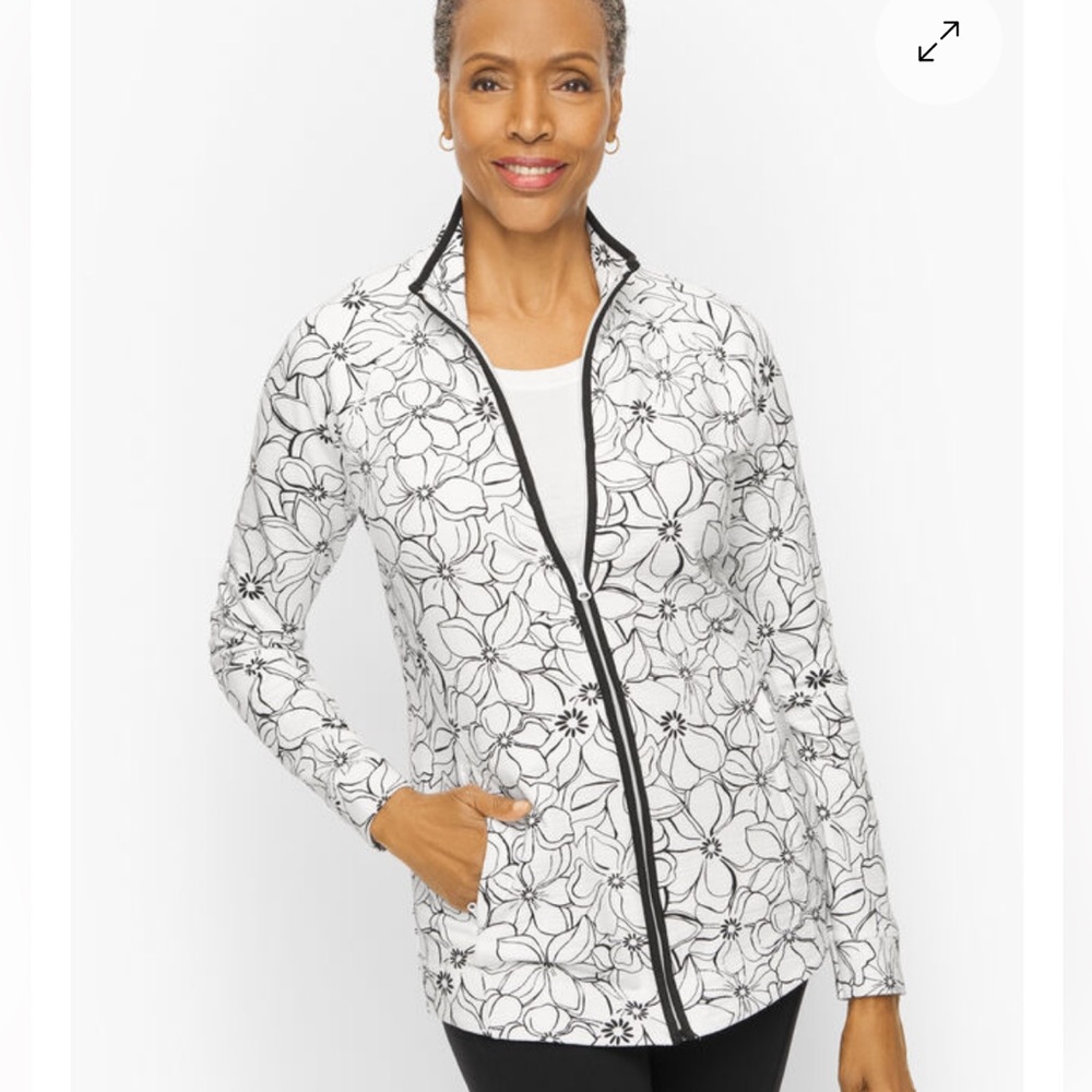 Talbots White Floral Zip-Front Jacket with Black Trim